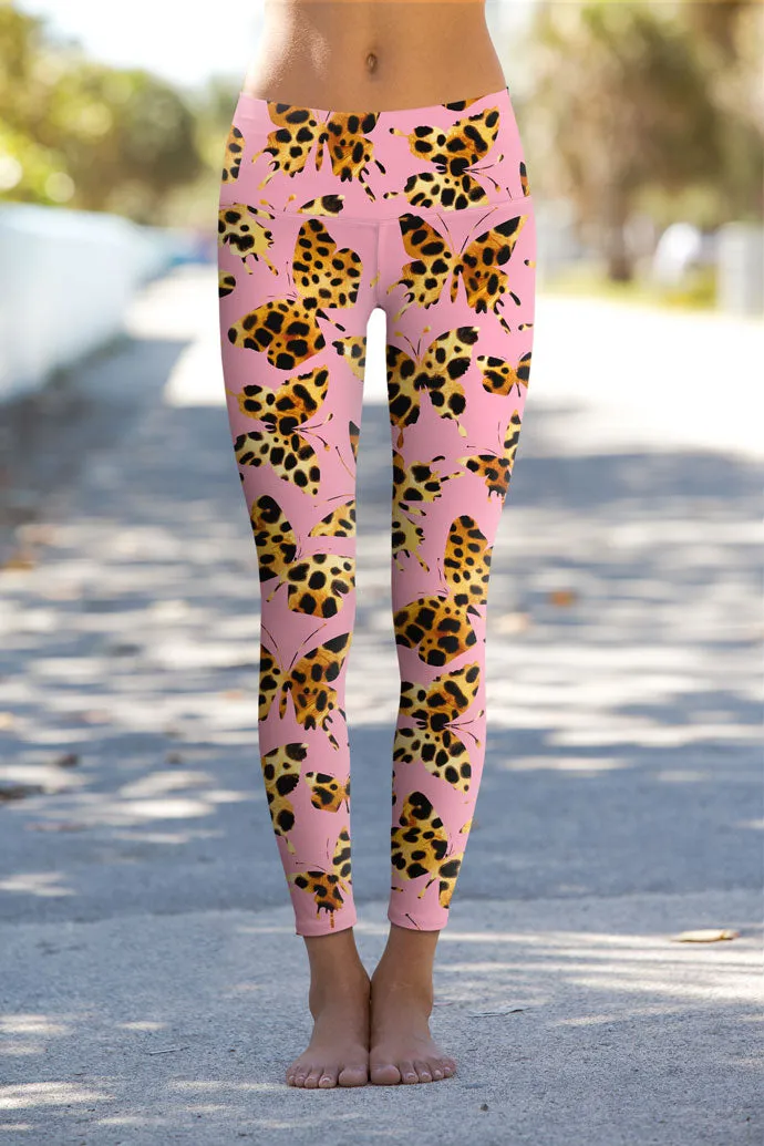 Quaintrelle Lucy Pink Butterfly Print Gym Leggings Yoga Pants - Women