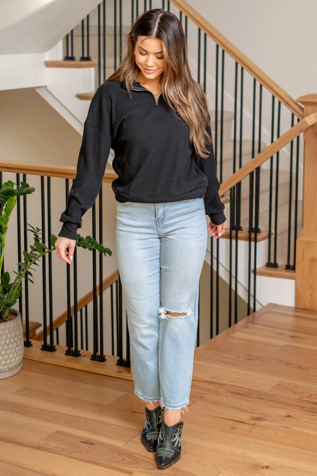 Quarter Zip Long Sleeve Sweatshirt with Pockets