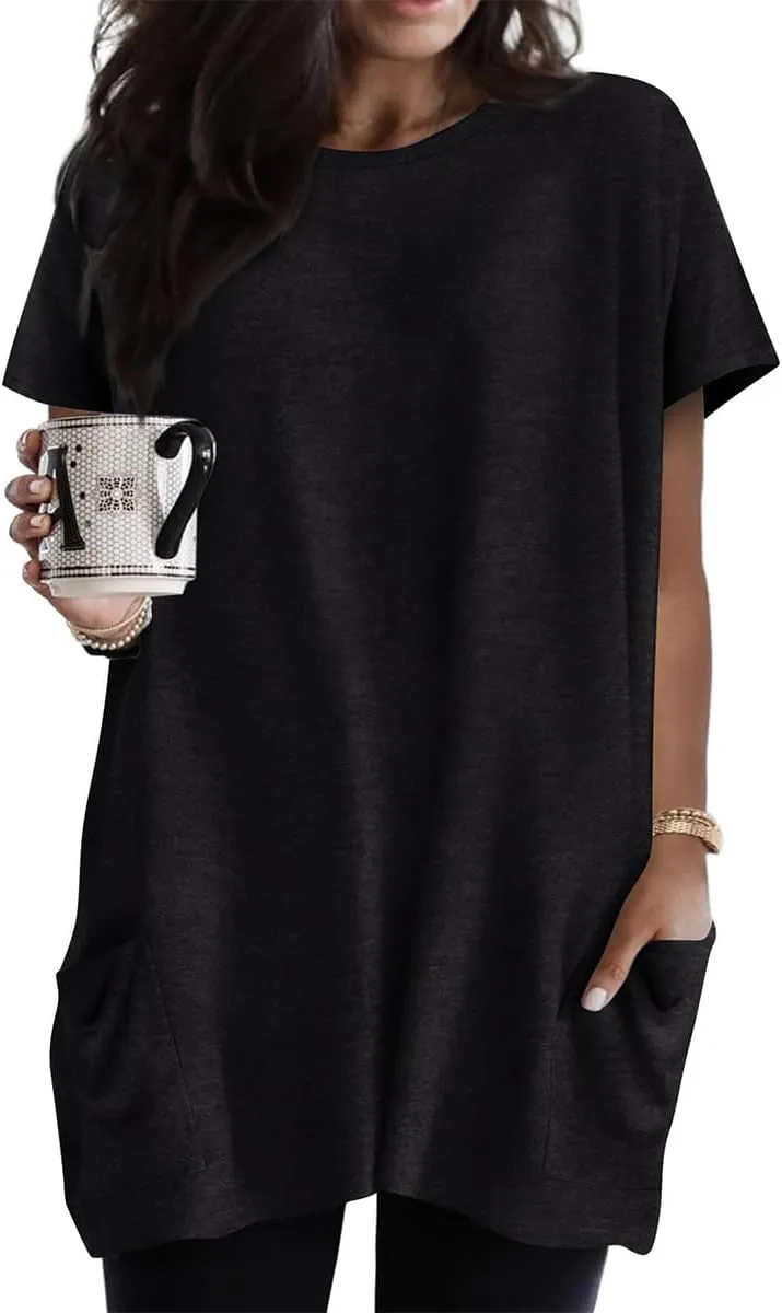 RITERA Plus Size Tops for Women Long Tunic Tops Summer Long Shirts Short Sleeve Spring Tops with Pockets for Leggings XL-5XL