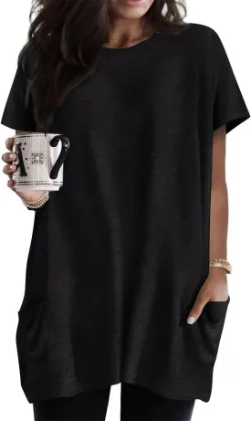 RITERA Plus Size Tops for Women Long Tunic Tops Summer Long Shirts Short Sleeve Spring Tops with Pockets for Leggings XL-5XL