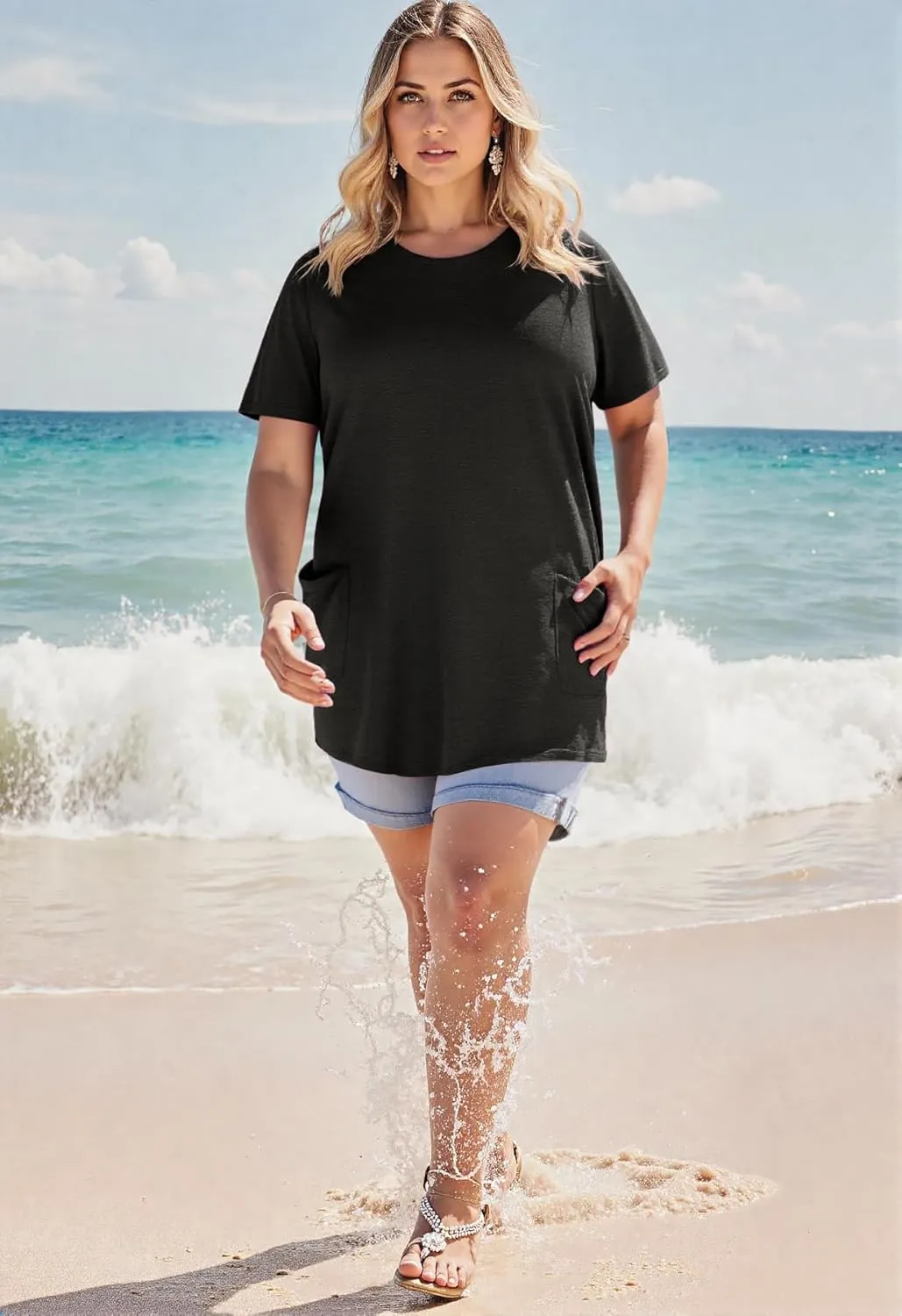 RITERA Plus Size Tops for Women Long Tunic Tops Summer Long Shirts Short Sleeve Spring Tops with Pockets for Leggings XL-5XL