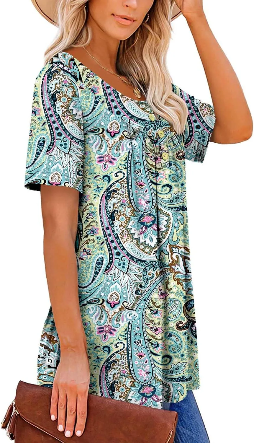 ROSELINLIN Women's Short Sleeve Shirts Floral Summer Tops Loose Fit for Leggings