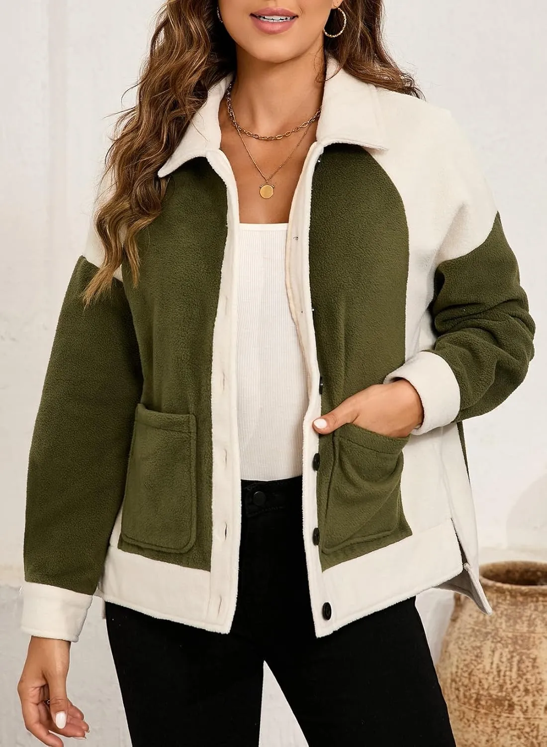 SHEWIN Womens Winter Fuzzy Fleece Jacket Casual Long Sleeve Button Down Sherpa Shacket Coats