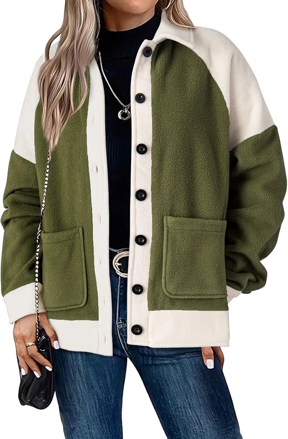 SHEWIN Womens Winter Fuzzy Fleece Jacket Casual Long Sleeve Button Down Sherpa Shacket Coats