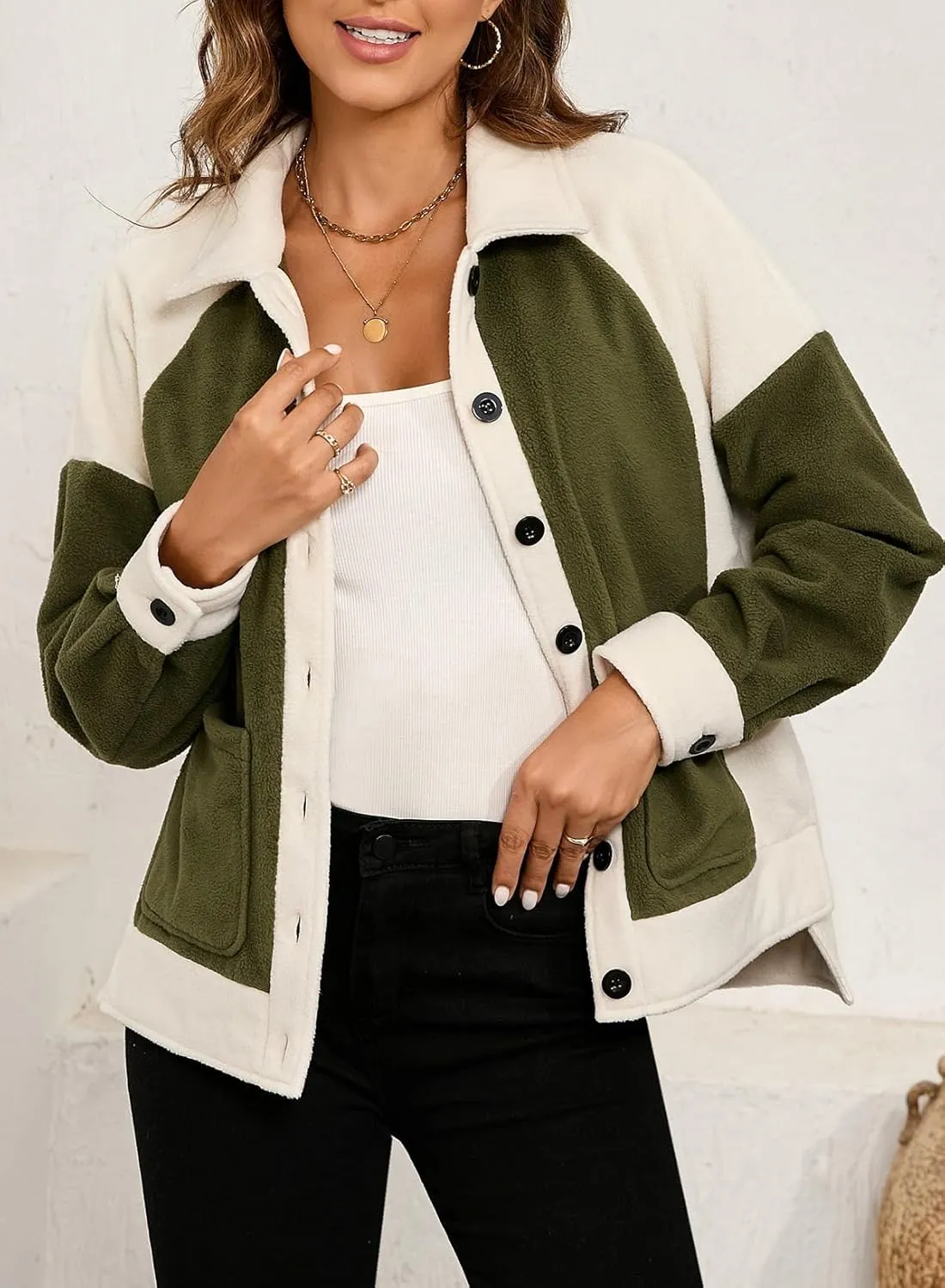 SHEWIN Womens Winter Fuzzy Fleece Jacket Casual Long Sleeve Button Down Sherpa Shacket Coats