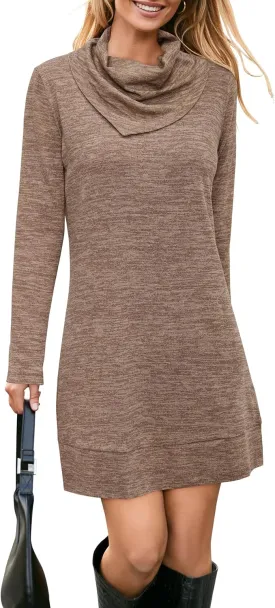 STYLEWORD Women's 2024 Winter Dress Tunic Tops for Leggings Long Sleeve Sweater Cowl Neck Fashion Shirt Dress