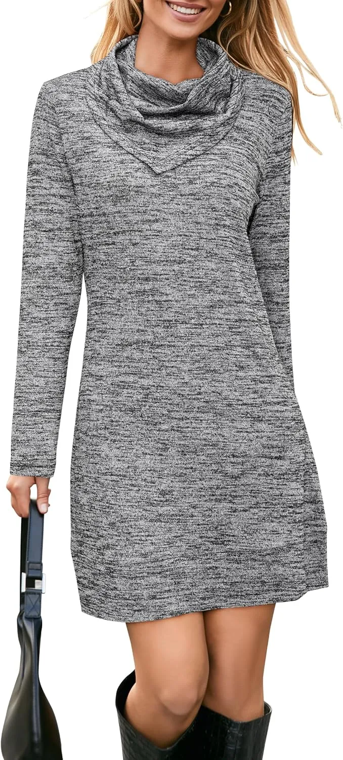 STYLEWORD Women's 2024 Winter Dress Tunic Tops for Leggings Long Sleeve Sweater Cowl Neck Fashion Shirt Dress