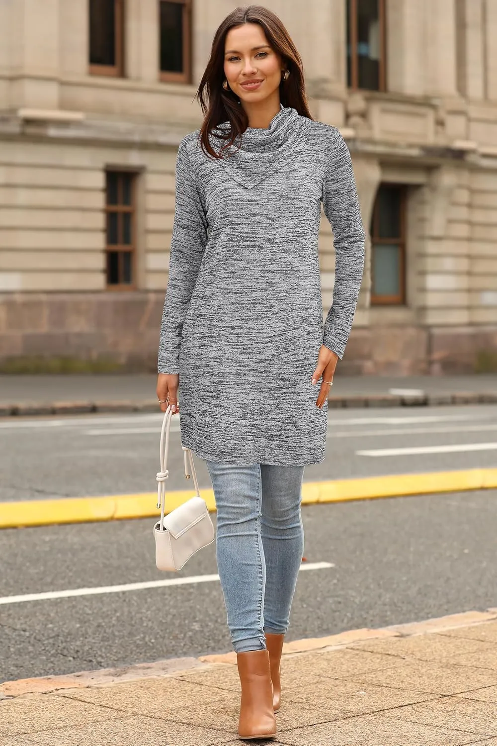 STYLEWORD Women's 2024 Winter Dress Tunic Tops for Leggings Long Sleeve Sweater Cowl Neck Fashion Shirt Dress