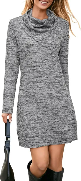 STYLEWORD Women's 2024 Winter Dress Tunic Tops for Leggings Long Sleeve Sweater Cowl Neck Fashion Shirt Dress