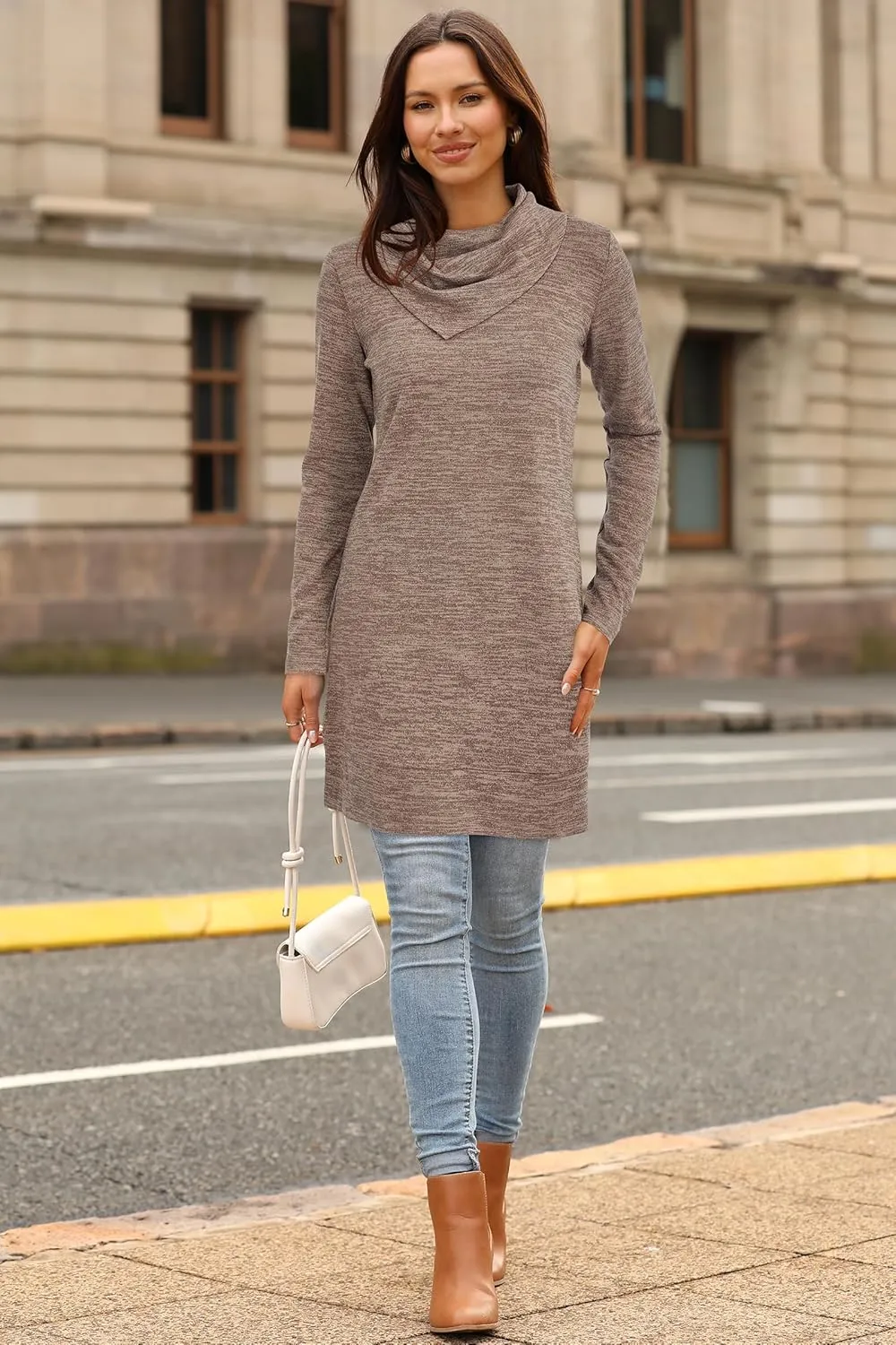 STYLEWORD Women's 2024 Winter Dress Tunic Tops for Leggings Long Sleeve Sweater Cowl Neck Fashion Shirt Dress