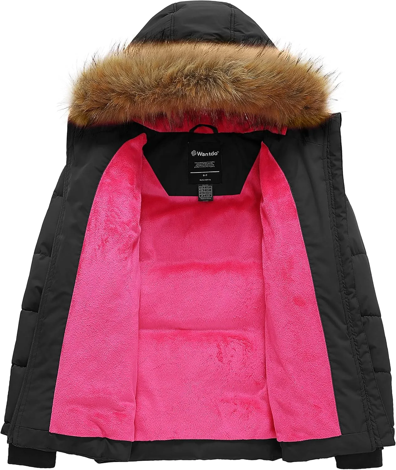 wantdo Girls' Winter Coat Warm Waterproof Puffer Jacket with Removable Faux Fur Hood