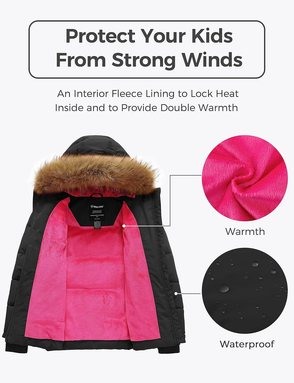 wantdo Girls' Winter Coat Warm Waterproof Puffer Jacket with Removable Faux Fur Hood