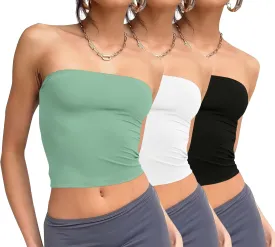WIHOLL 3 Pack Tube Tops for Women Slim Fit Crop Tops Going Out Strapless Tank Tops Bandeau Summer Outfits 2025 Y2K Clothes
