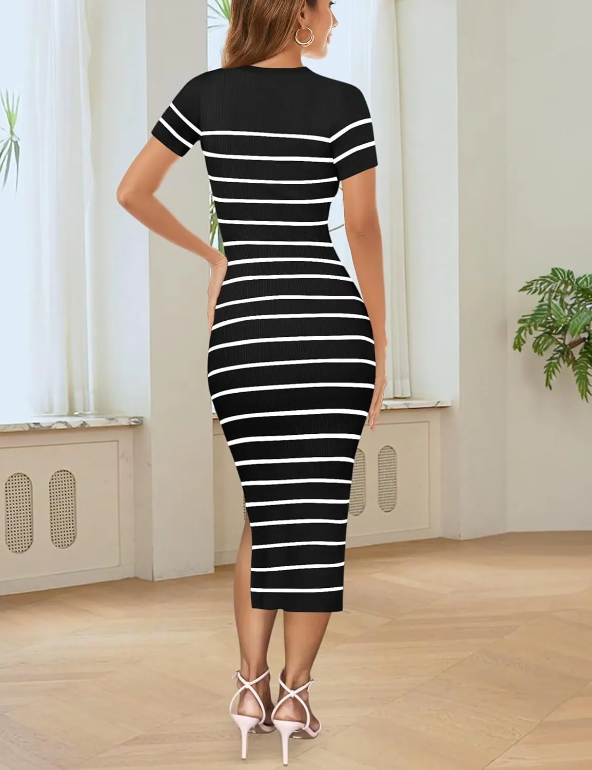 Wkior Women's 2025 Summer Short Sleeve Sweater Dress Side Slit Ribbed Knit Striped Bodycon Slim Fit Midi Dress