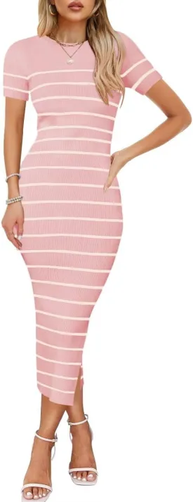 Wkior Women's 2025 Summer Short Sleeve Sweater Dress Side Slit Ribbed Knit Striped Bodycon Slim Fit Midi Dress
