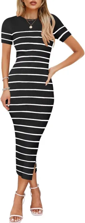 Wkior Women's 2025 Summer Short Sleeve Sweater Dress Side Slit Ribbed Knit Striped Bodycon Slim Fit Midi Dress