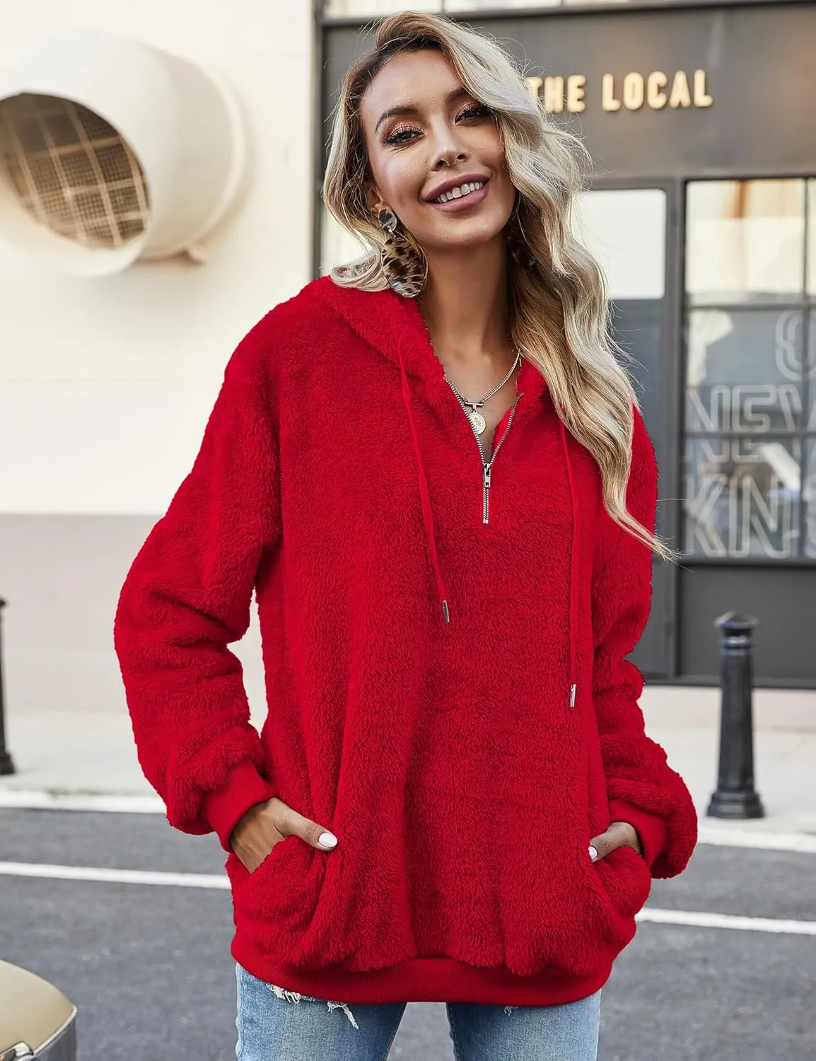 Women Casual Double Fuzzy Sweatshirt Faux Fleece Zip Pullover Hoodies Coat Outwear S-XXL