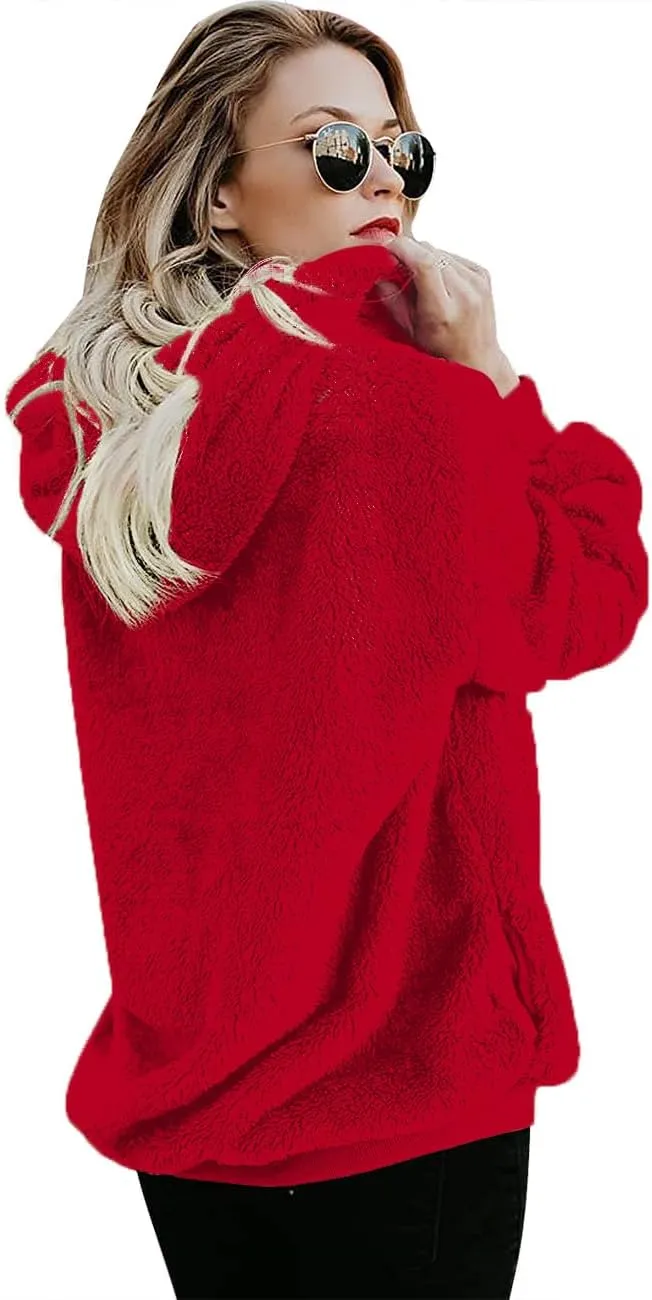 Women Casual Double Fuzzy Sweatshirt Faux Fleece Zip Pullover Hoodies Coat Outwear S-XXL