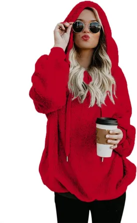 Women Casual Double Fuzzy Sweatshirt Faux Fleece Zip Pullover Hoodies Coat Outwear S-XXL