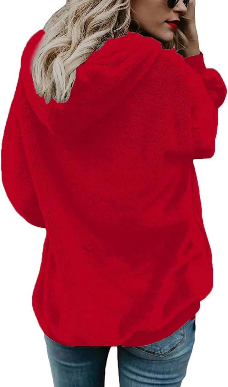 Women Casual Double Fuzzy Sweatshirt Faux Fleece Zip Pullover Hoodies Coat Outwear S-XXL