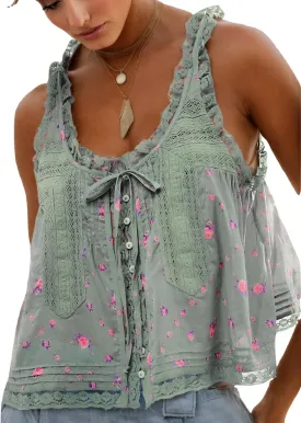 Women Summer Boho Lace Tie Front Tank Beach Vacation Top Button Down Sleeveless Cardigan Crop Y2k Tops Clothes 2025