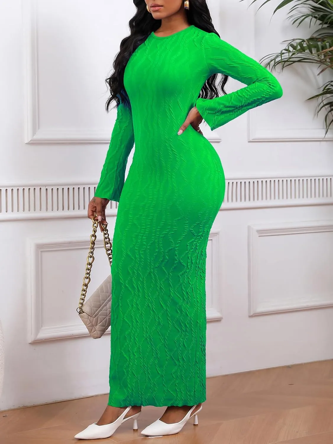 Women's Casual Dress Crew Neck Elegant Fall Winter Long Sleeve Midi Bodycon Pencil Cocktail Wedding Dresses 094