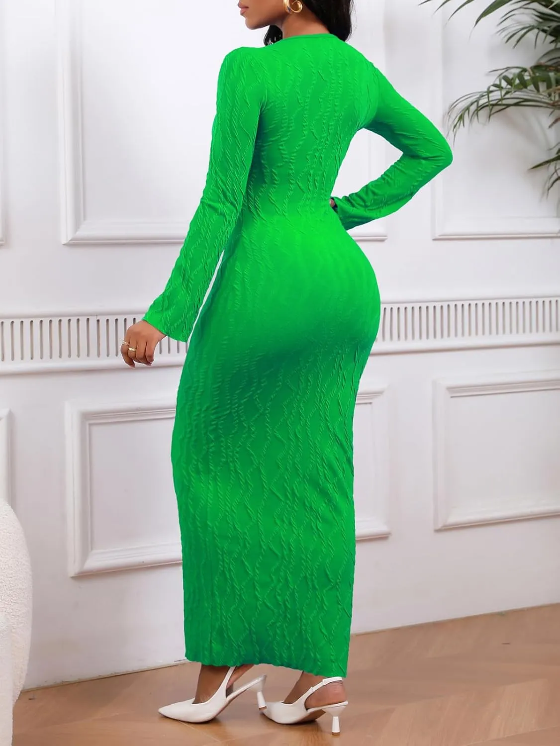 Women's Casual Dress Crew Neck Elegant Fall Winter Long Sleeve Midi Bodycon Pencil Cocktail Wedding Dresses 094