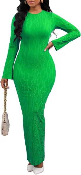 Women's Casual Dress Crew Neck Elegant Fall Winter Long Sleeve Midi Bodycon Pencil Cocktail Wedding Dresses 094