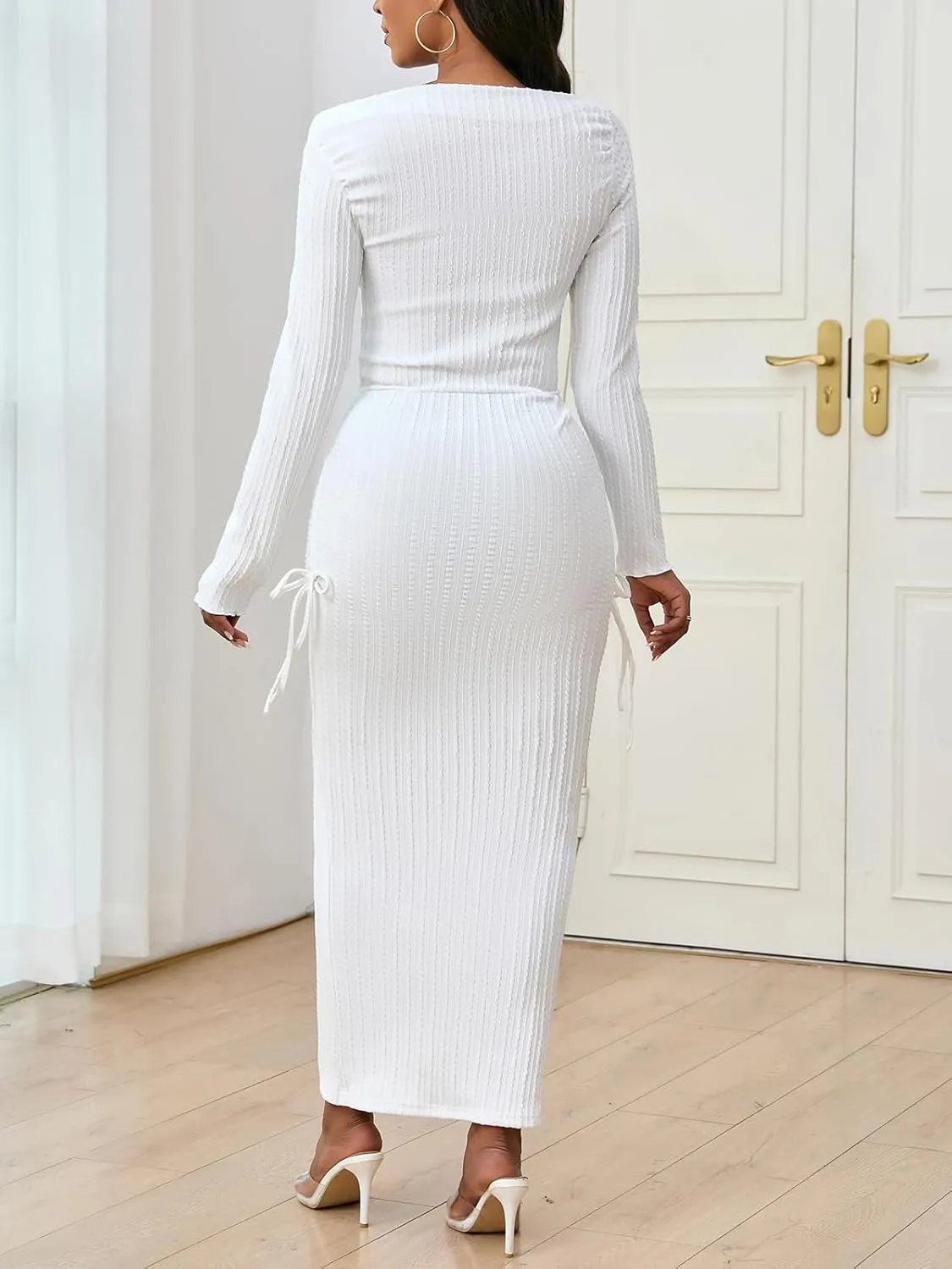 Women's Casual Ribbed Knit Dress Elegant Fall Winter Long Sleeve Midi Bodycon Pencil Cocktail Wedding Dresses 689