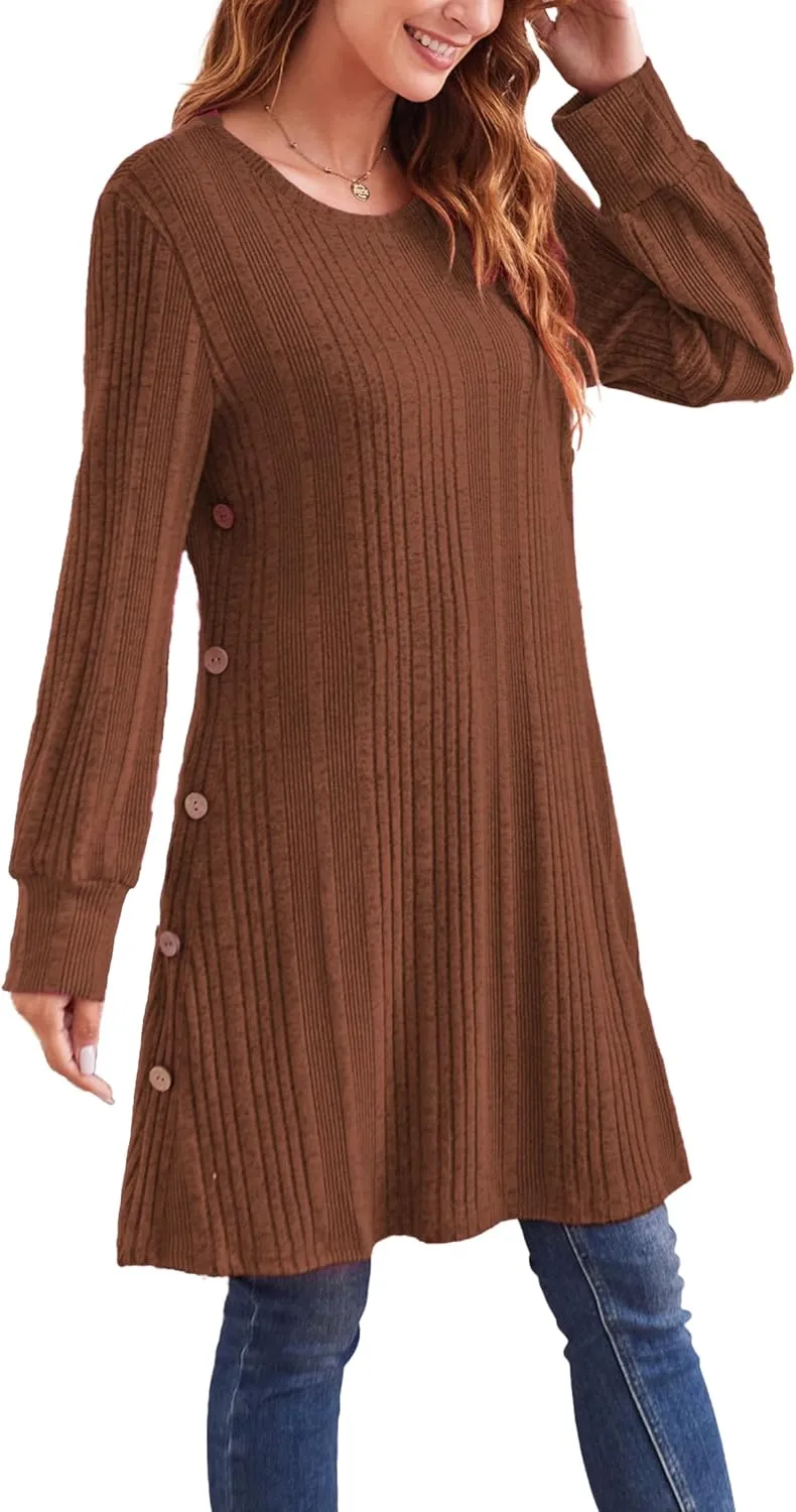 Women's Knit Dress Long Sleeve Casual Crew Neck Tunic Dresses with Pockets Button Side Fall Winter Trendy Outfits
