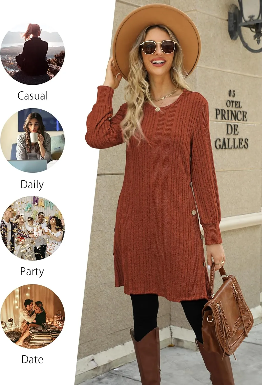 Women's Knit Dress Long Sleeve Casual Crew Neck Tunic Dresses with Pockets Button Side Fall Winter Trendy Outfits