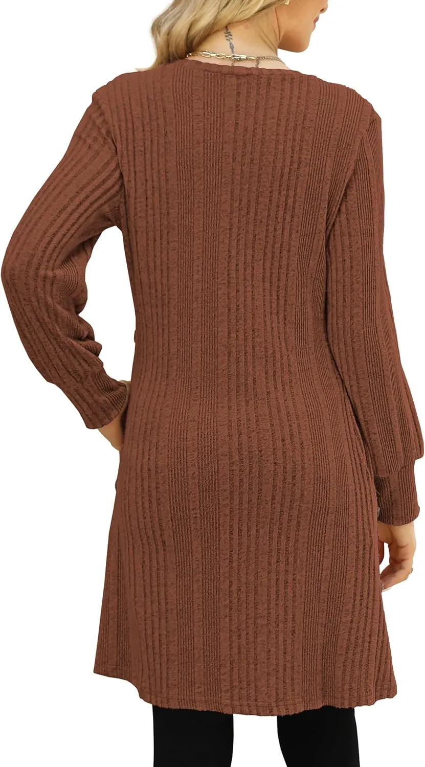 Women's Knit Dress Long Sleeve Casual Crew Neck Tunic Dresses with Pockets Button Side Fall Winter Trendy Outfits