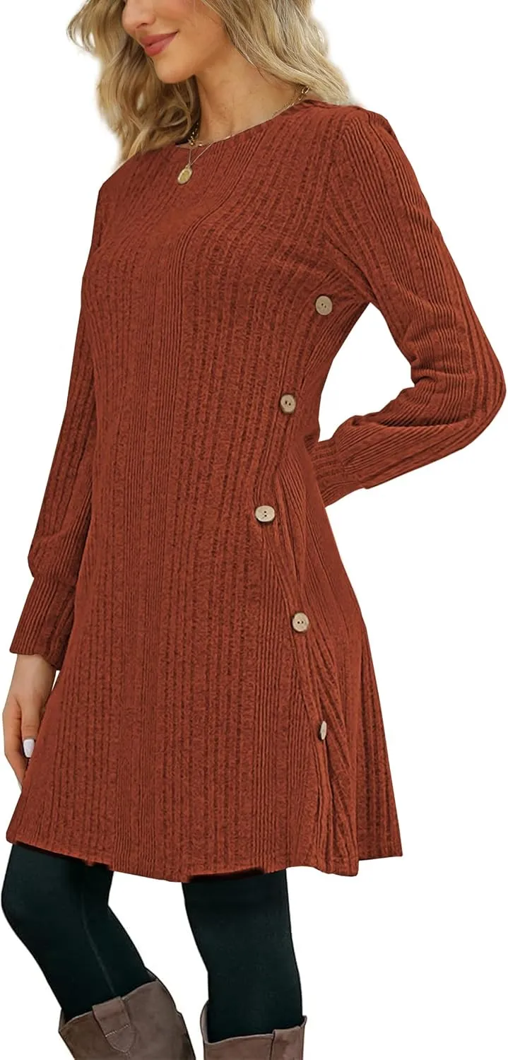 Women's Knit Dress Long Sleeve Casual Crew Neck Tunic Dresses with Pockets Button Side Fall Winter Trendy Outfits