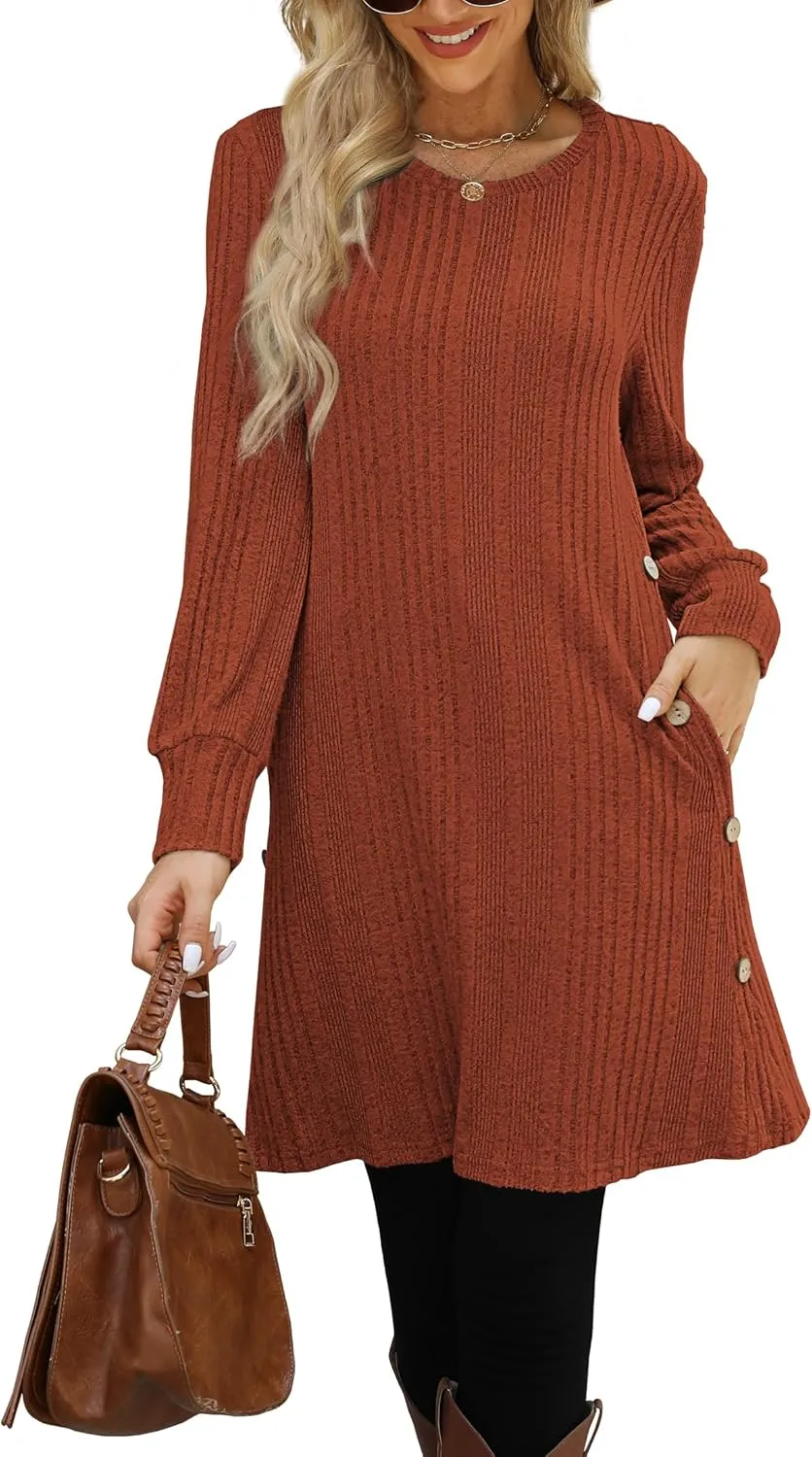 Women's Knit Dress Long Sleeve Casual Crew Neck Tunic Dresses with Pockets Button Side Fall Winter Trendy Outfits