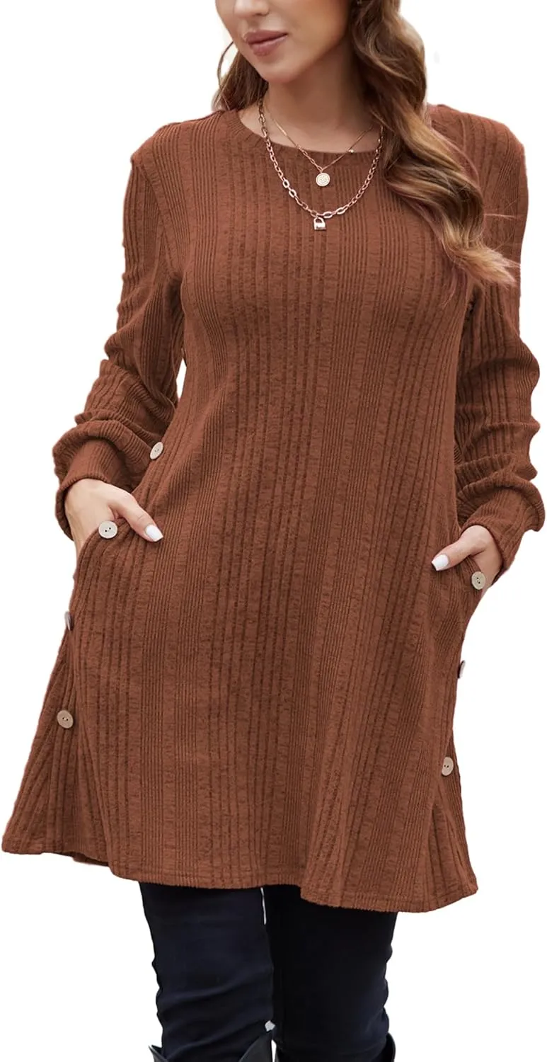 Women's Knit Dress Long Sleeve Casual Crew Neck Tunic Dresses with Pockets Button Side Fall Winter Trendy Outfits