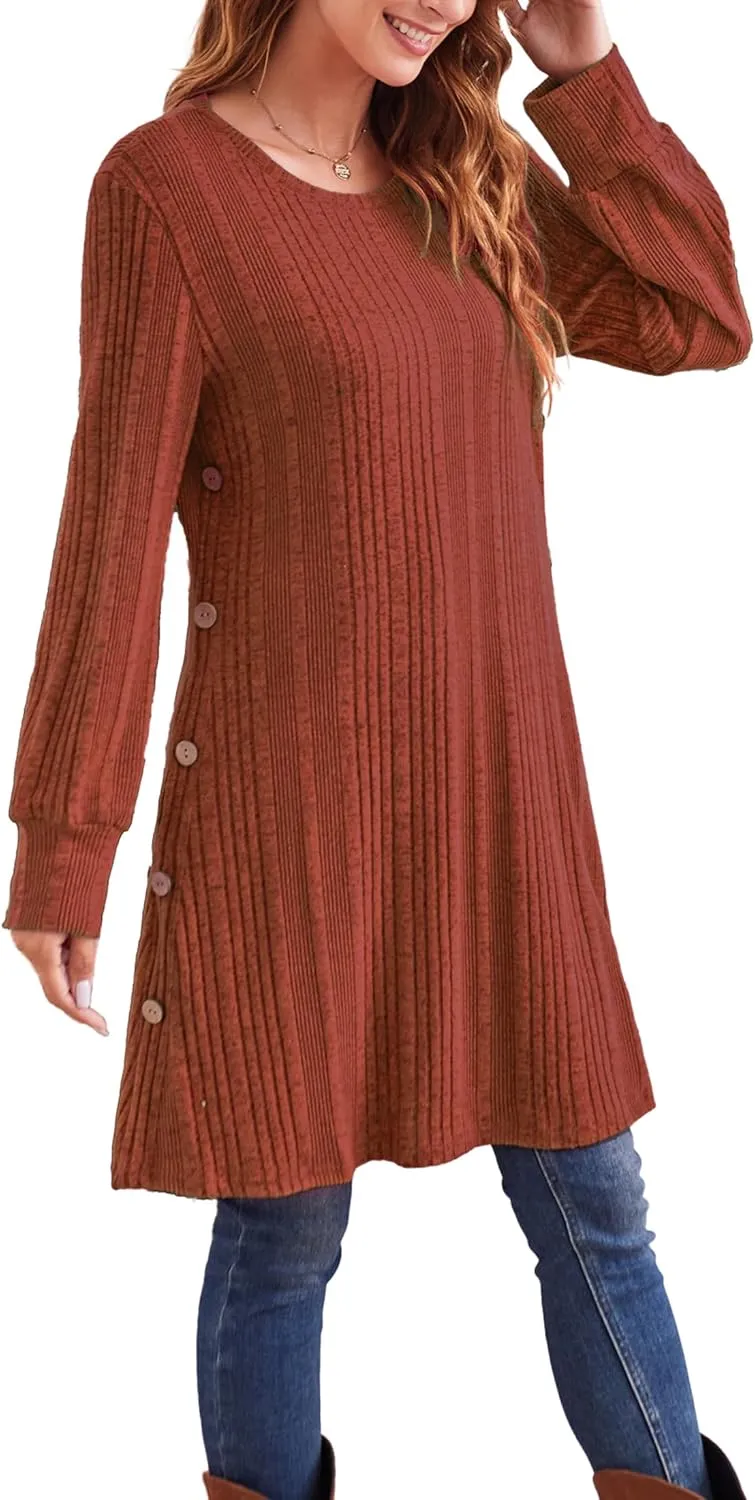Women's Knit Dress Long Sleeve Casual Crew Neck Tunic Dresses with Pockets Button Side Fall Winter Trendy Outfits