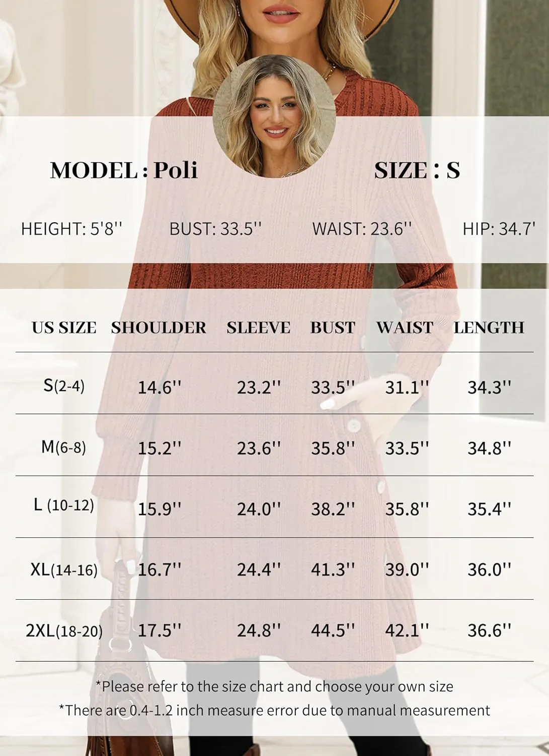 Women's Knit Dress Long Sleeve Casual Crew Neck Tunic Dresses with Pockets Button Side Fall Winter Trendy Outfits