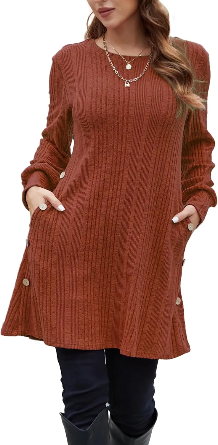 Women's Knit Dress Long Sleeve Casual Crew Neck Tunic Dresses with Pockets Button Side Fall Winter Trendy Outfits