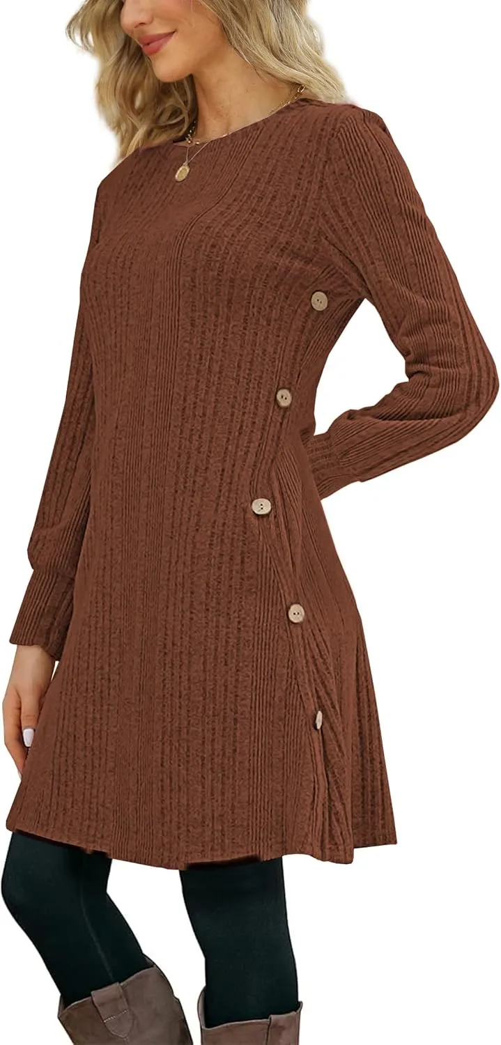 Women's Knit Dress Long Sleeve Casual Crew Neck Tunic Dresses with Pockets Button Side Fall Winter Trendy Outfits