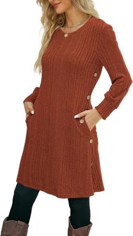 Women's Knit Dress Long Sleeve Casual Crew Neck Tunic Dresses with Pockets Button Side Fall Winter Trendy Outfits