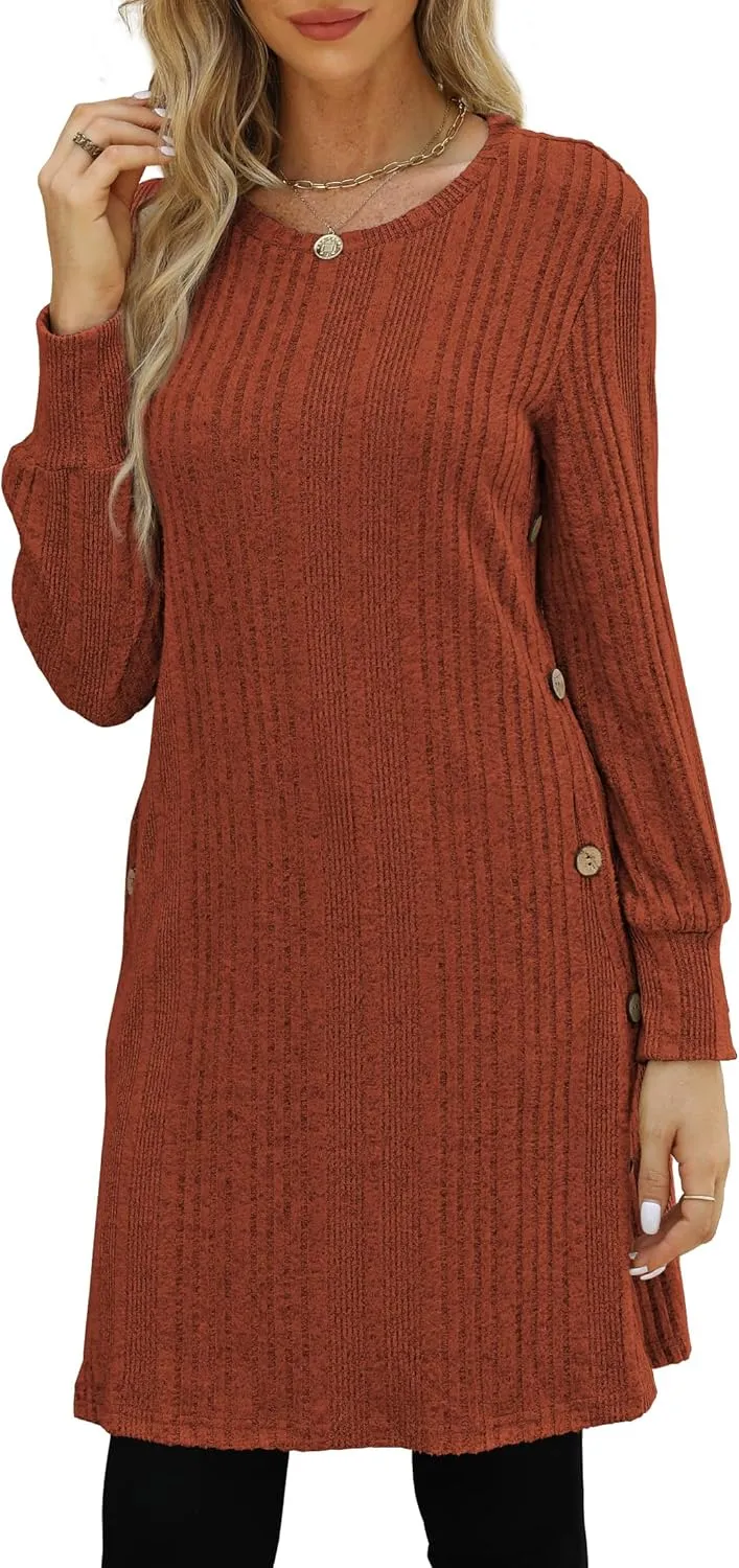 Women's Knit Dress Long Sleeve Casual Crew Neck Tunic Dresses with Pockets Button Side Fall Winter Trendy Outfits