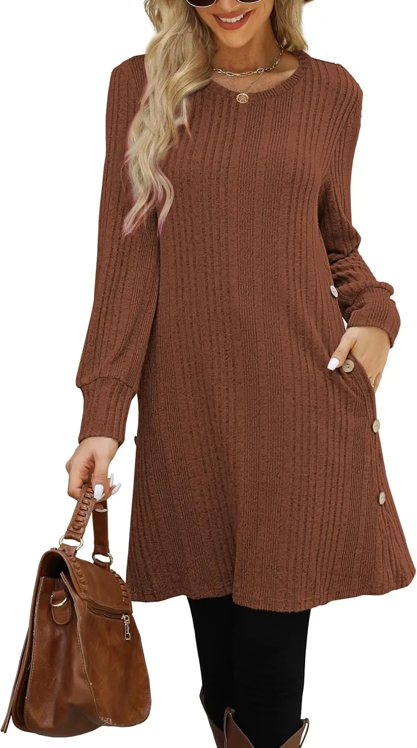 Women's Knit Dress Long Sleeve Casual Crew Neck Tunic Dresses with Pockets Button Side Fall Winter Trendy Outfits