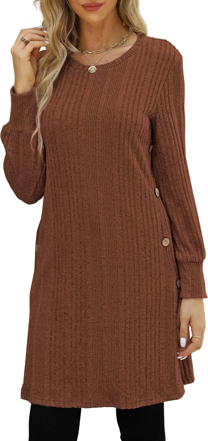 Women's Knit Dress Long Sleeve Casual Crew Neck Tunic Dresses with Pockets Button Side Fall Winter Trendy Outfits