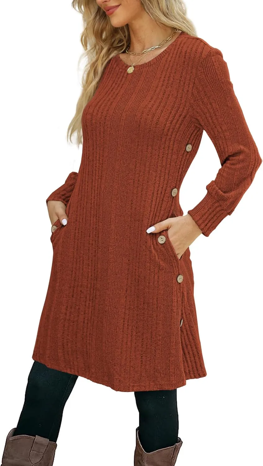 Women's Knit Dress Long Sleeve Casual Crew Neck Tunic Dresses with Pockets Button Side Fall Winter Trendy Outfits