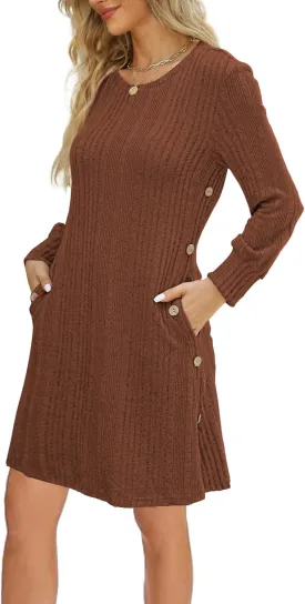 Women's Knit Dress Long Sleeve Casual Crew Neck Tunic Dresses with Pockets Button Side Fall Winter Trendy Outfits
