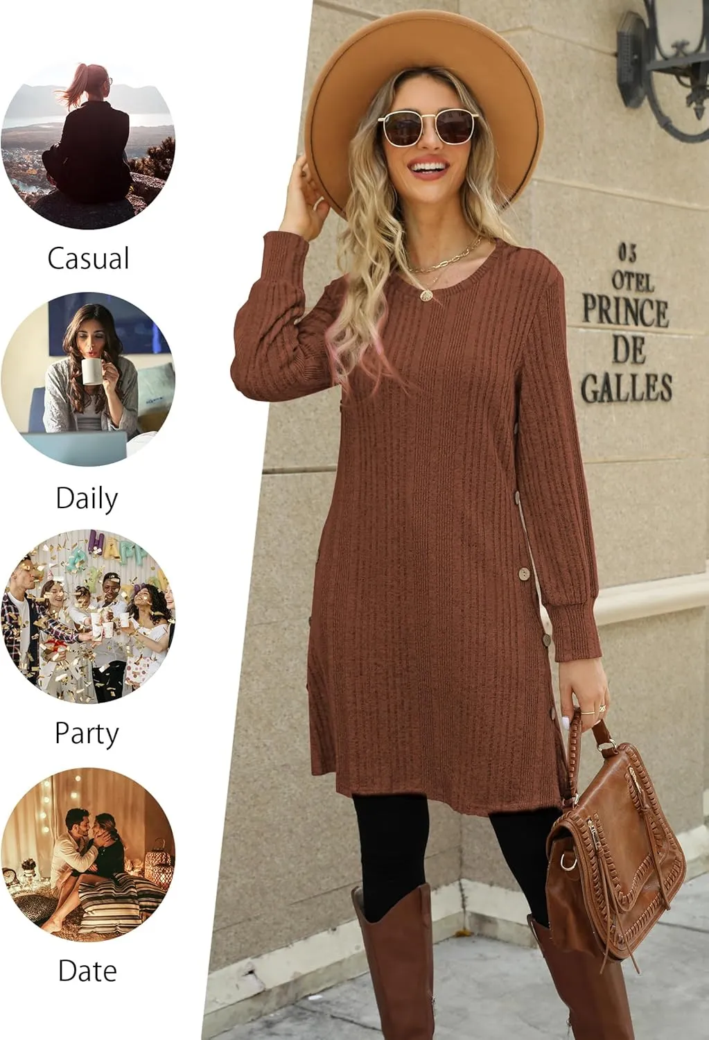 Women's Knit Dress Long Sleeve Casual Crew Neck Tunic Dresses with Pockets Button Side Fall Winter Trendy Outfits
