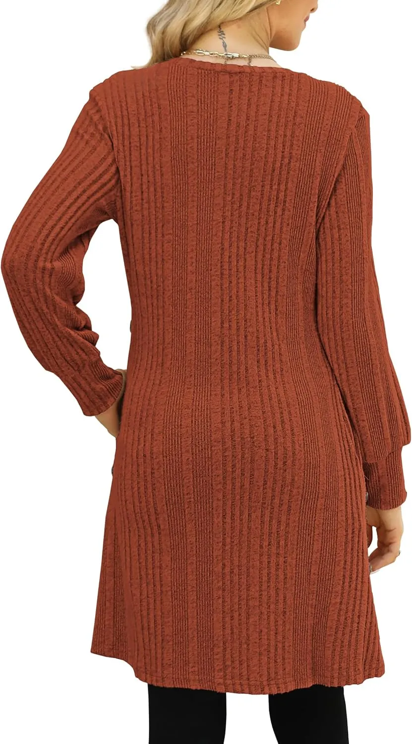 Women's Knit Dress Long Sleeve Casual Crew Neck Tunic Dresses with Pockets Button Side Fall Winter Trendy Outfits