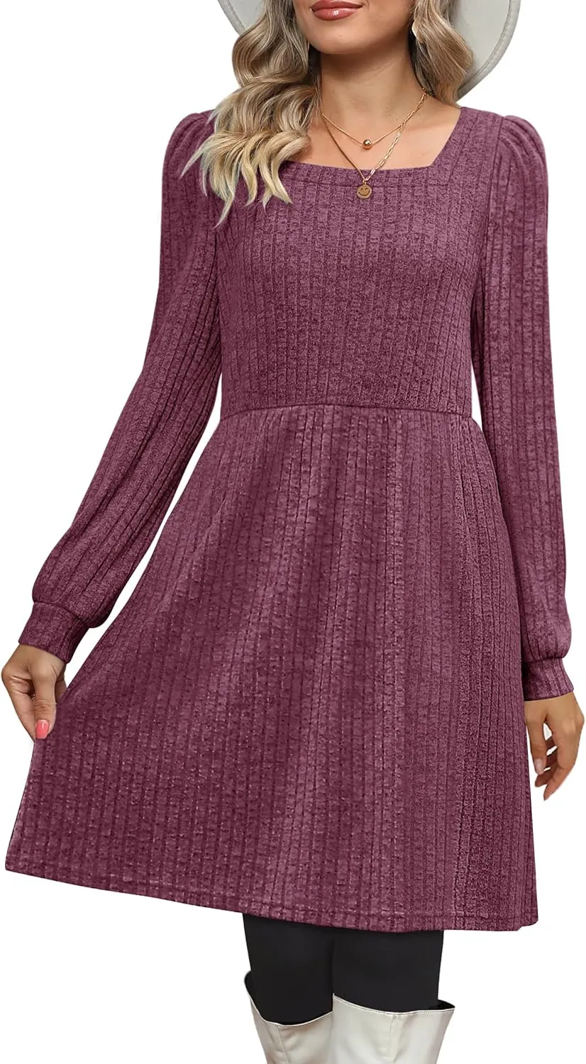 Womens Nursing Fall Dresses Square Neck Long Sleeve Winter Knit Sweater Dress 2024 with Pockets