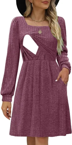 Womens Nursing Fall Dresses Square Neck Long Sleeve Winter Knit Sweater Dress 2024 with Pockets