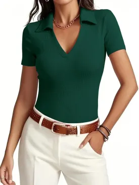 Womens Short Sleeve Business Casual Tops Summer V Neck Polo Work Shirts 2025 Fitted Basic Collared Shirt